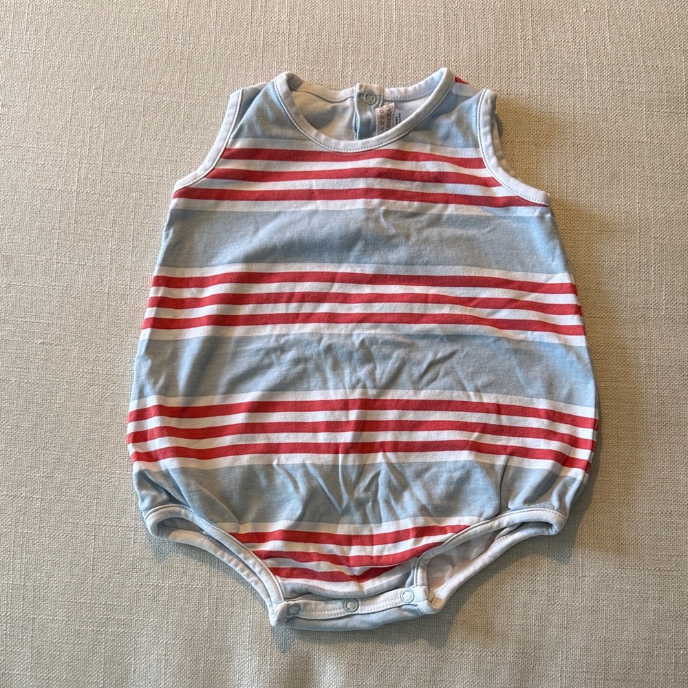 The Beaufort Bonnet Company Light Blue and Red Striped Baby One-Piece